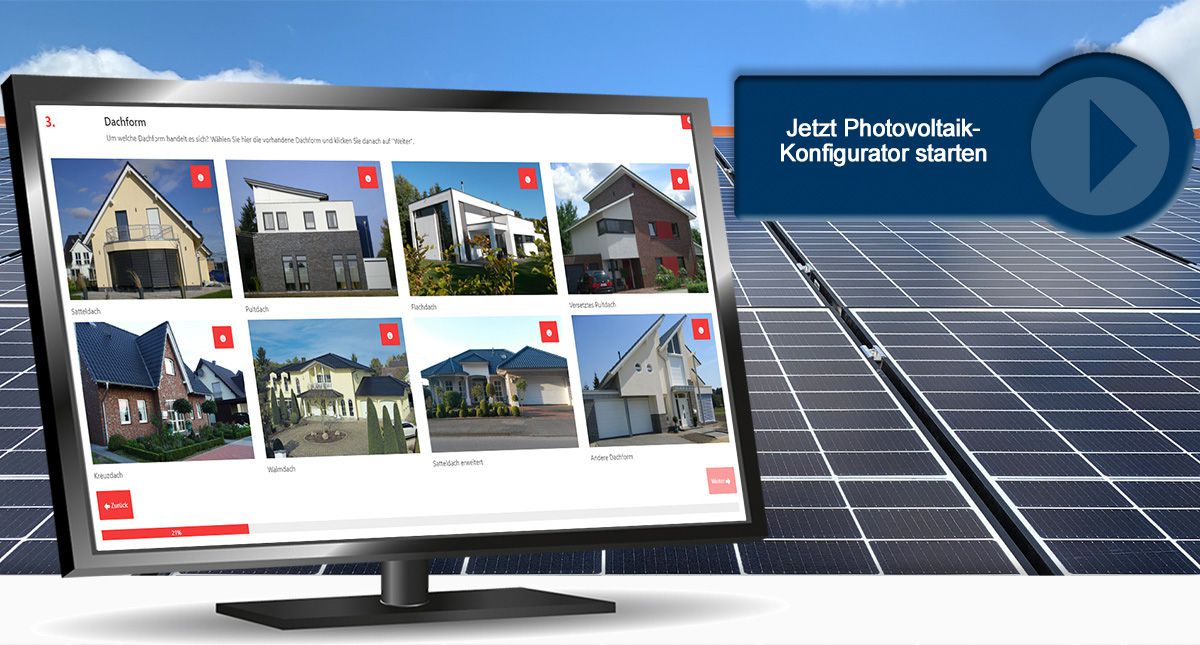 Monitor mit Auswahl verschiedener Dachformen im Photovoltaik-Konfigurator, im Hintergrund Solarpanels und Start-Button.