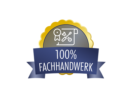 Abzeichen mit goldener Umrandung, Symbol für Handwerk und Text „100% FACHHANDWERK“ auf blauem Banner.