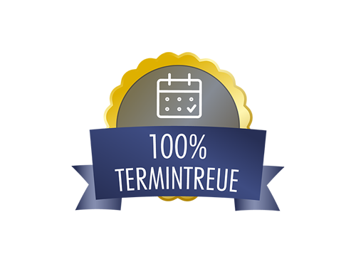 Abzeichen mit Kalender-Symbol und Schriftzug „100% Termintreue“ auf blauem Banner, goldener Rand im Hintergrund.
